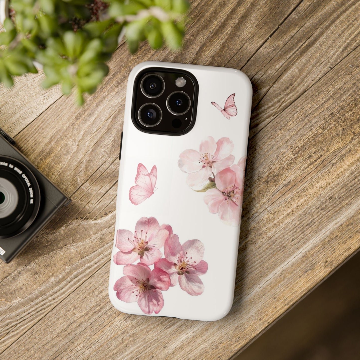 Floral Cherry Blossom Phone Case – Pink Flowers & Butterflies Tough Case